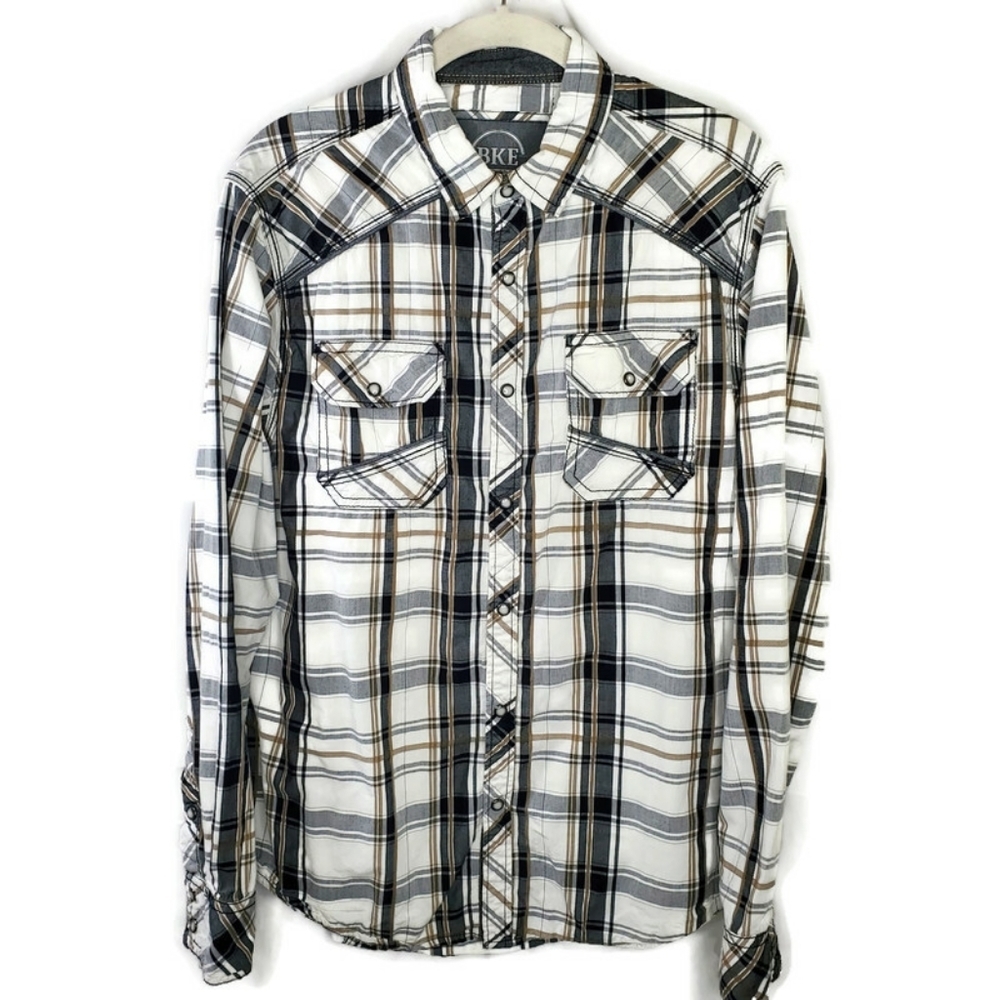 BKE Standard Fit Pearl Snap Button Down Front Long Sleeve Western Shirt Size M 
